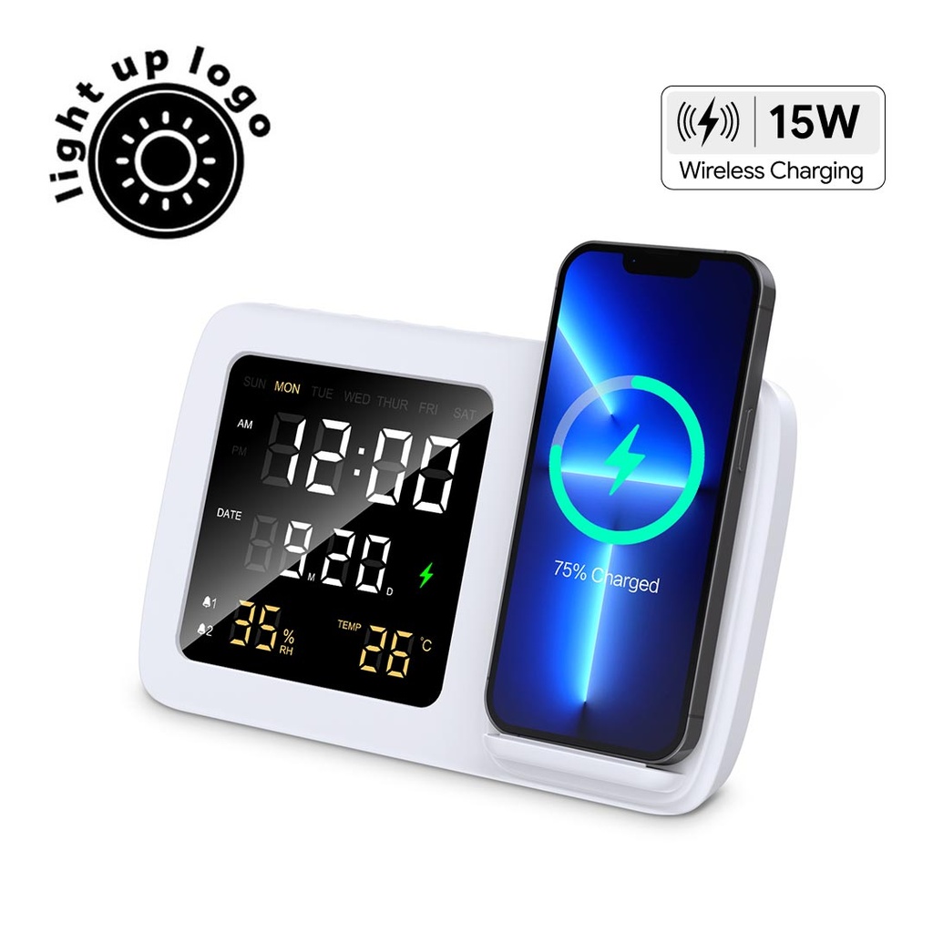 RISE - Giftology Digital Alarm Clock Wireless Charger - White
